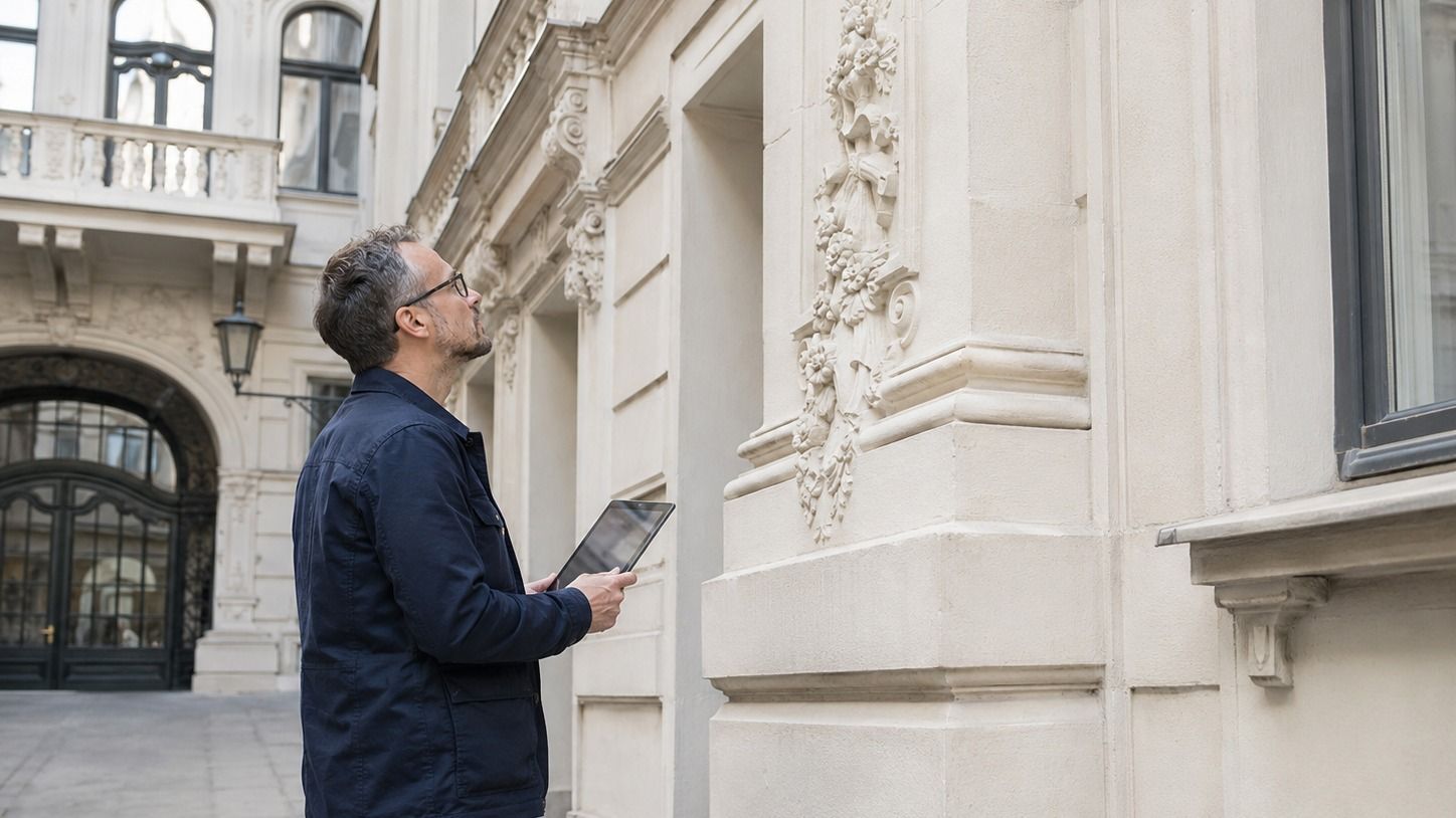 Gutachter untersucht ein historisches Fassadendetail an einem Wiener Altbau mit einem Tablet in der Hand.