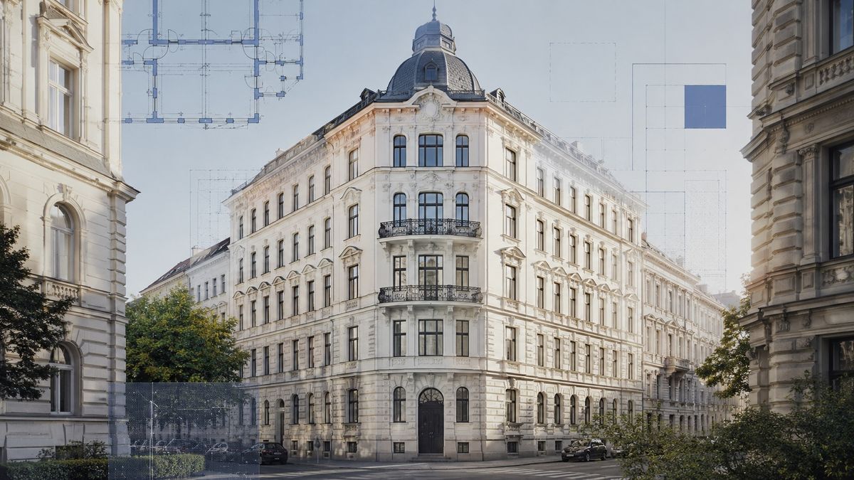 Wiener Gründerzeit-Eckhaus mit eingeblendetem Grundriss- und Vermessungsraster als Sinnbild für die digitale Bauwerksbuch-Dokumentation.