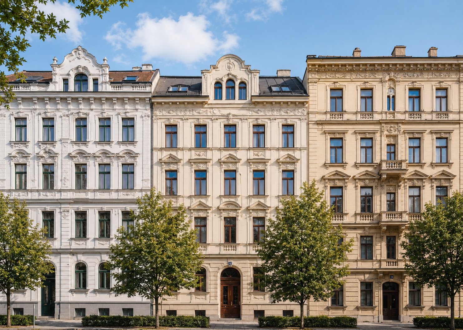 Drei unterschiedliche Gründerzeit-Liegenschaften in Wien nebeneinander