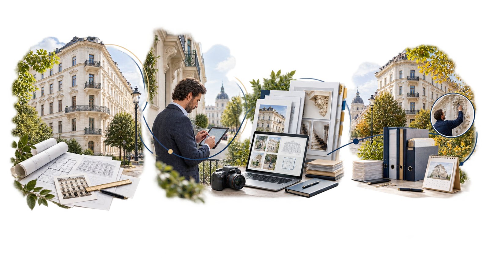 Ablauf von der Vor-Ort-Prüfung über die digitale Dokumentation bis zur laufenden Bauwerksbuchführung.